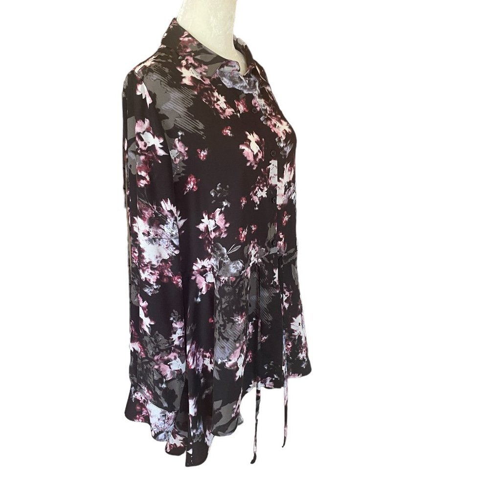 Simply Vera women's black floral sheer long sleeve collared button down blouse